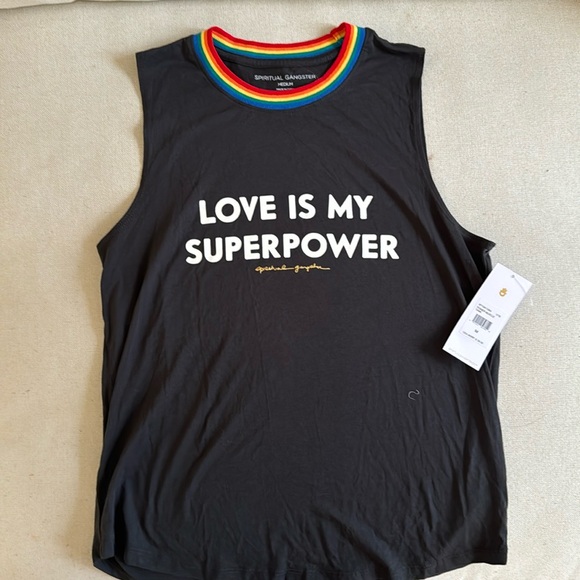 Spiritual Gangster Tops - Spiritual Gangster, Love is my Superpower, 🌈 Rainbow Collar Tank, Sz M NWT